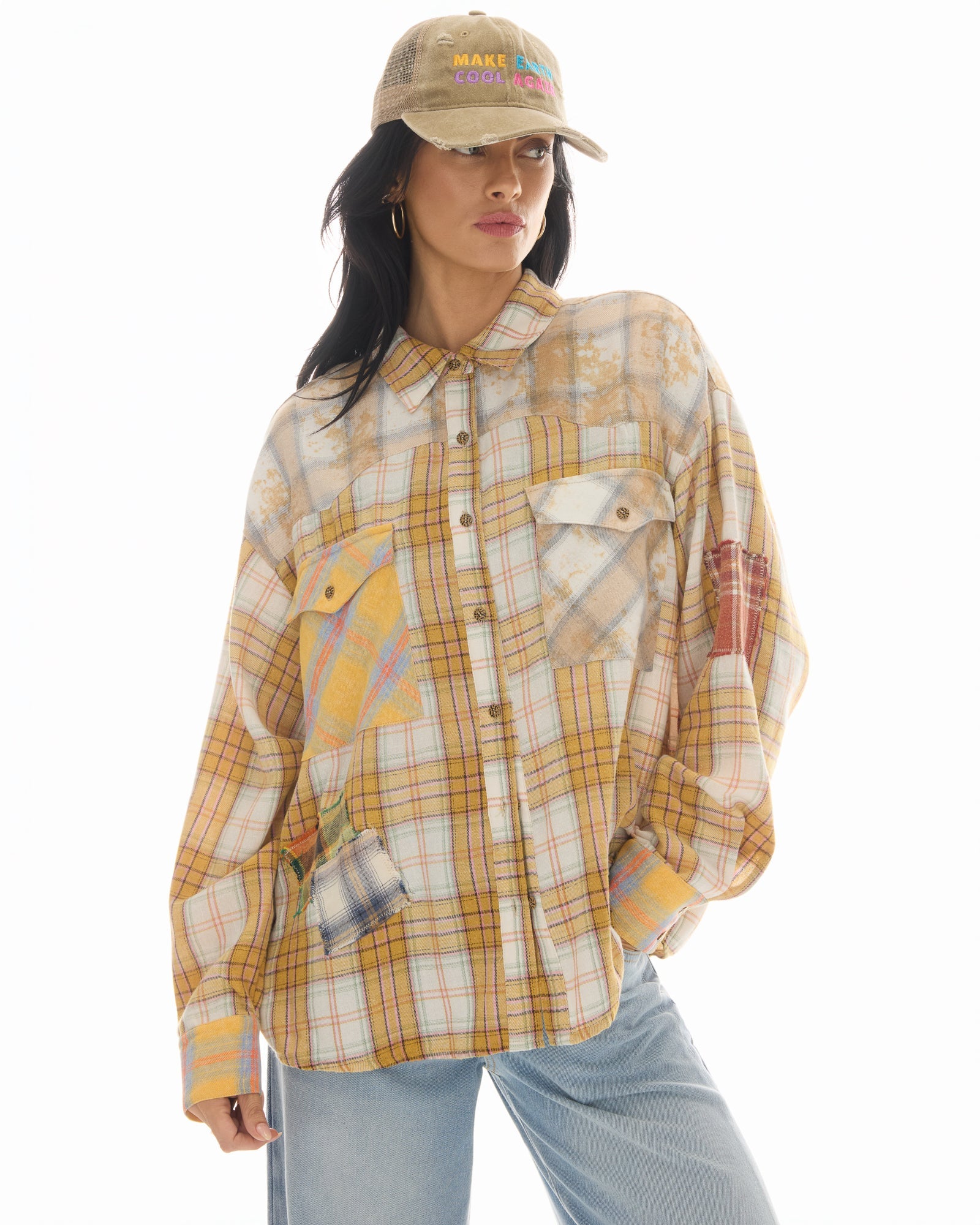Patched Up Yellow Flannel Western Shirt by THE TALES - front view